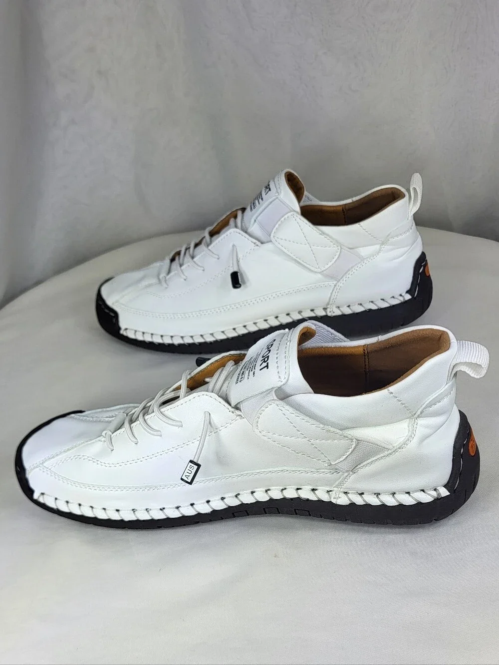 White Women’s Leather Slip On Sport Sneakers Black Sole Sz 8